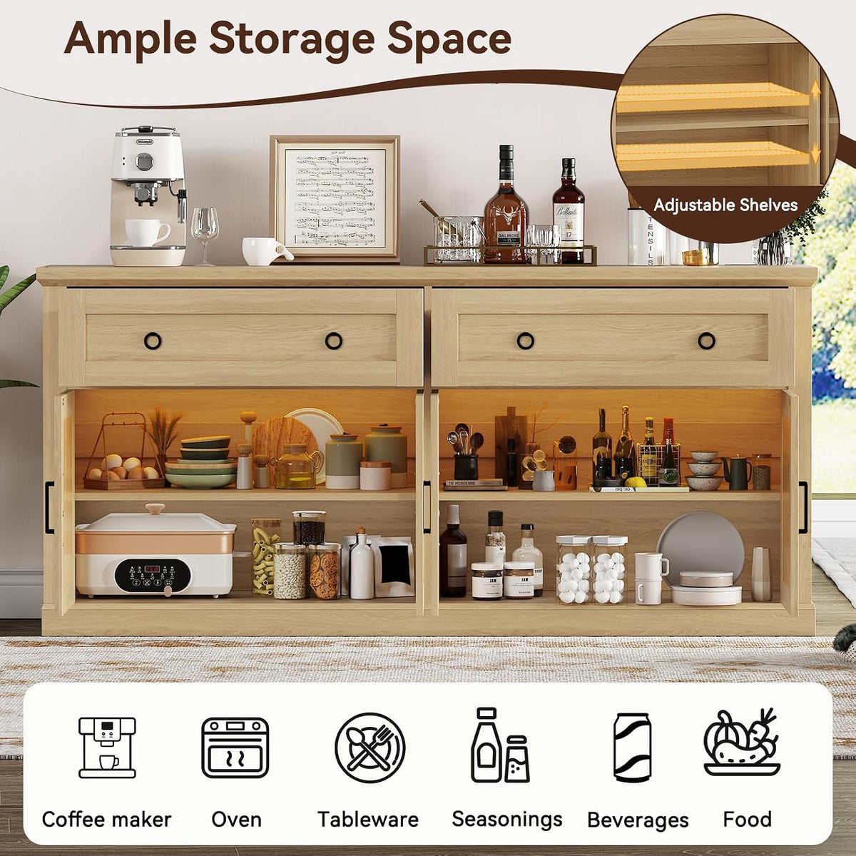 63'' Sideboard Buffet Cabinet with Storage, Modern Storage Cabinet with Outlets & LED Light, 2 Drawers and 4 Doors, Adjustable Shelves, Coffee Bar Cabinets for Kitchen Living Room, Wood
