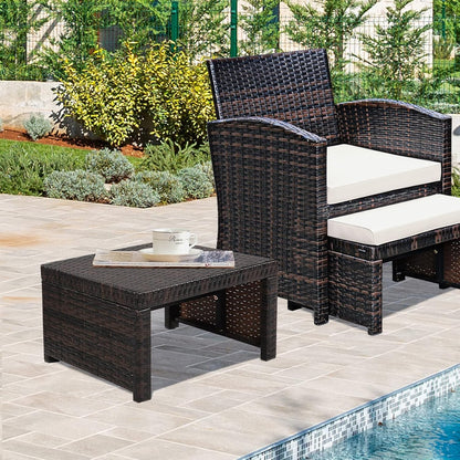HAPPYGRILL 2 Piece Outdoor Wicker Ottomans, Patio Rattan Footstool with Cushions, Solid Steel Frame, Multifunctional Ottomans for Poolside Backyard Balcony