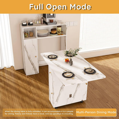 Multifunctional Folding Dining Table with Wall-Mounted Sideboard & Storage, 37.4" Folding Kitchen Island with Wheels, Modern Movable Kitchen Extendable Versatile Table for Small Space White