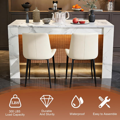63"*35.4" Large Imitation Marble Dining Table, Mordern Bar Marble Stripes Kitchen Dining Table with Grille Design for 4 5 6 7 People, Island Table with LED Lights for Home Kitchen Living Room.