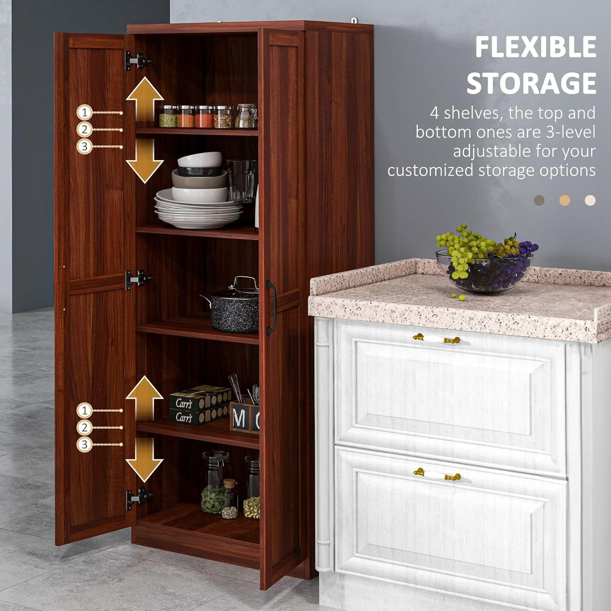 63" 2-Door Kitchen Pantry, Freestanding Storage Cabinet with 5-Tier Shelving and 2 Adjustable Shelves for Dining Room, Cherry Wood Color