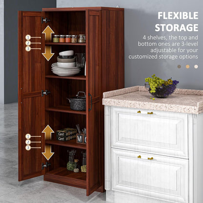 63" 2-Door Kitchen Pantry, Freestanding Storage Cabinet with 5-Tier Shelving and 2 Adjustable Shelves for Dining Room, Cherry Wood Color