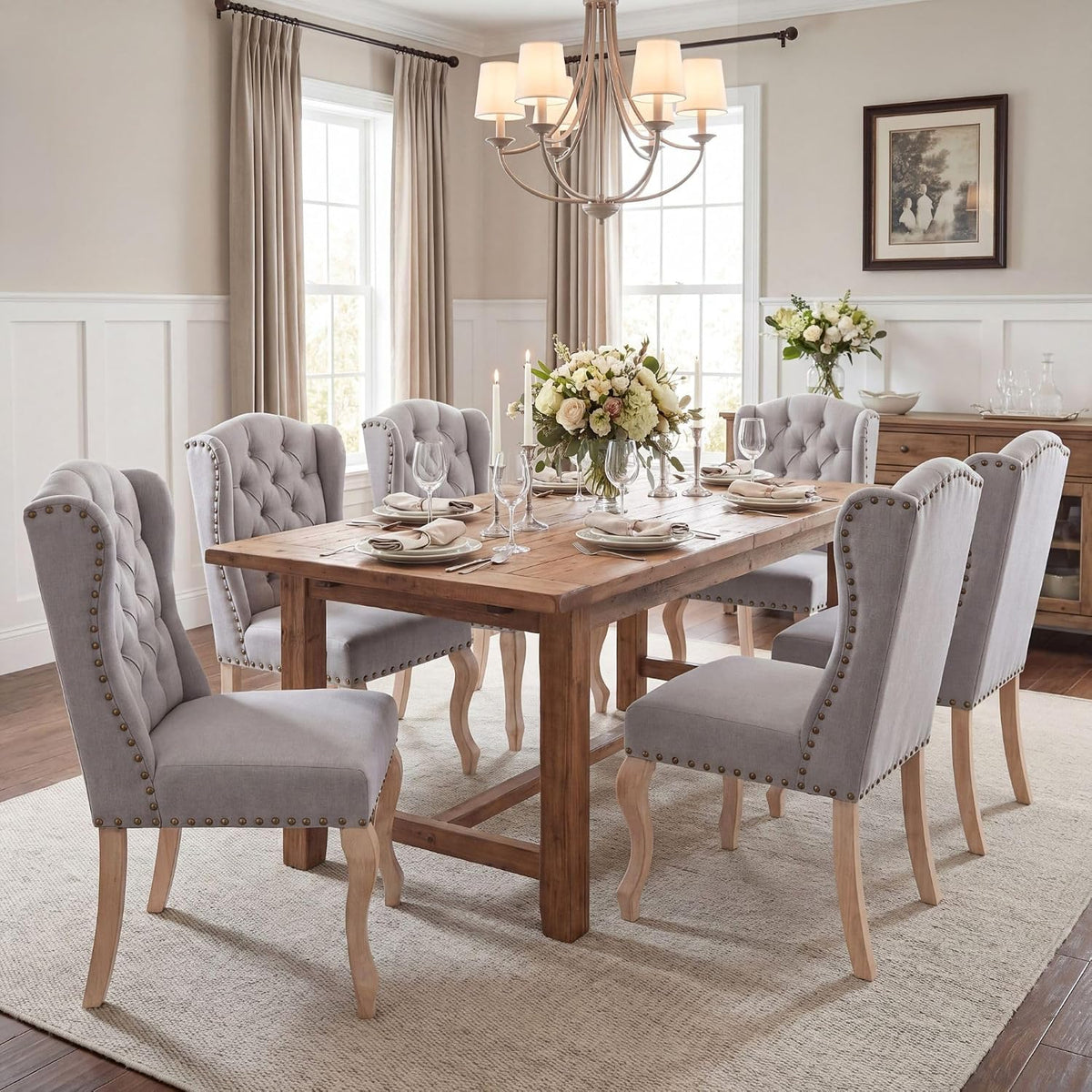 chairus Tufted Upholstered Parsons Dining Chairs Set of 6, Grey Linen | Linen Upholstery, Tufted Wingback, Solid Wood Legs, Nailhead Trim, High Back, French Country Kitchen Chairs for Dining Space
