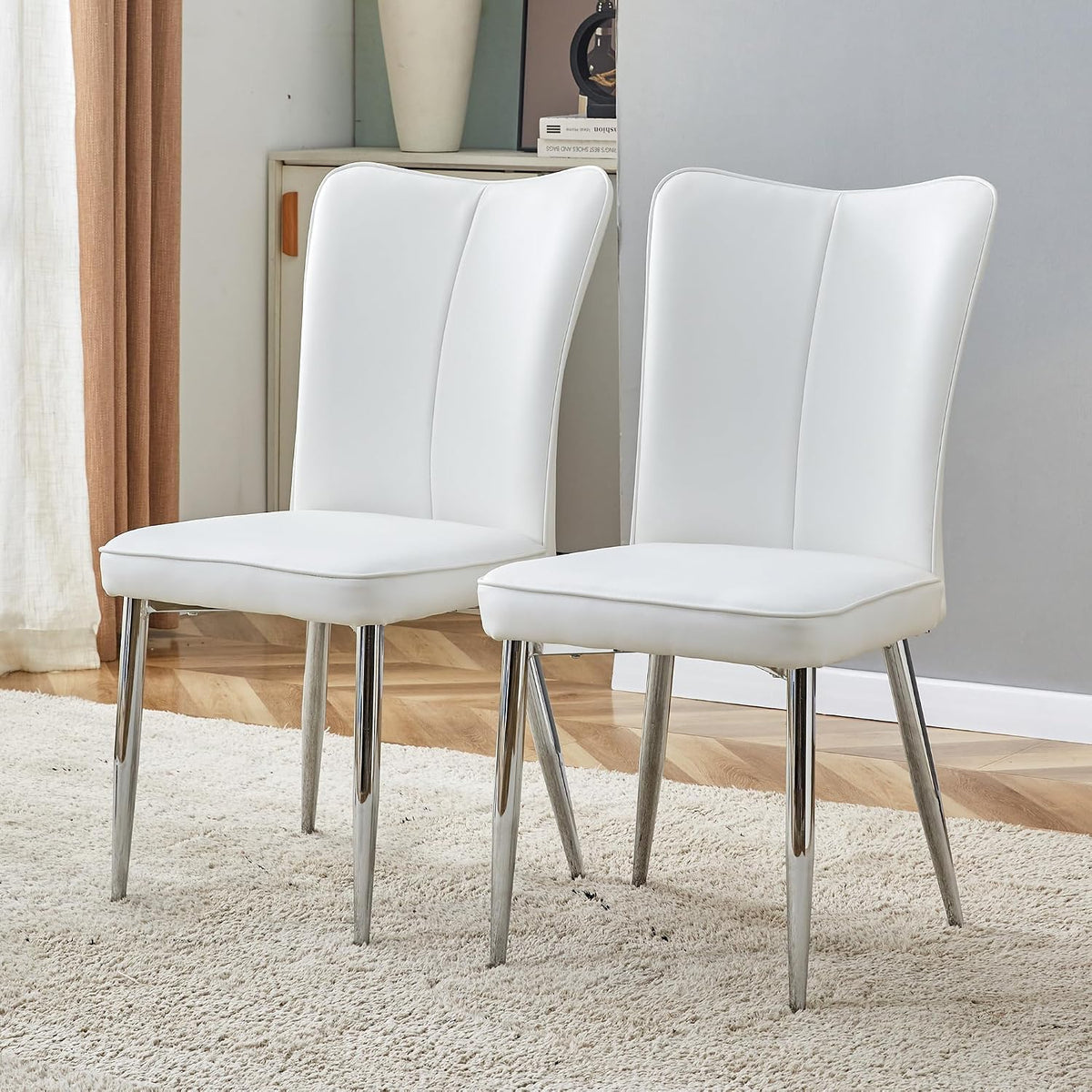 Dining Room Chairs Set - 2x Modern Faux Leather High Back Armless Chairs, Chrome Legs, Upholstered for Home, Living Room
