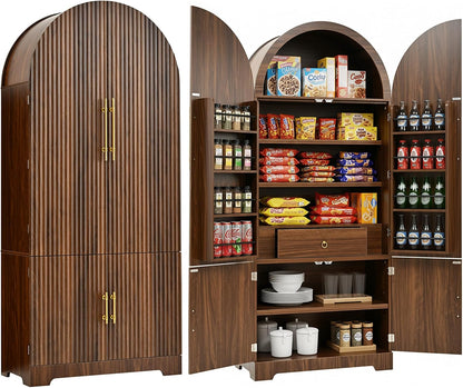 Merax 72" Tall Arched Cabinet Kitchen Pantry with 4 Doors, Fluted Storage Cabinets with 3 Adjustable Shelves & 1 Hidden Drawer & 8 Door Shelves, Versatile Cupboard for Kitchen, Dining Room, Brown