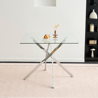 36 inch Square Glass Dining Table, Modern Dining Table for 4, Square Kitchen Table with Tempered Glass Top & Silver Chrome Metal Legs for Dining Room, Living Room, Apartment, Small Space