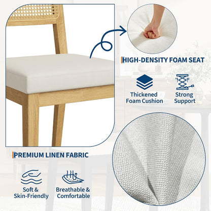Garvee Rattan Dining Chairs Set of 2, French Country Upholstered Dining Chairs Wood Frame, Rattan Backrest, Armless Chair for Kitchen Restaurant Dining Room Bedroom, Linen, Natural