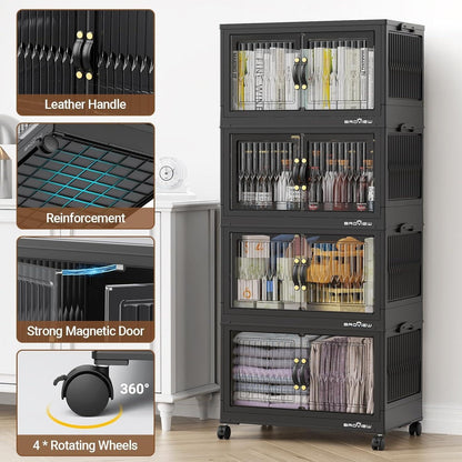 BROVIEW 320Qt Stackable Storage Bins with Lid, Extra Large Closet Organizer Collapsible Drawer Boxes with Wheels, Folding Plastic Cabinet Containers for Home Kitchen Room Organization, 4Pack Black