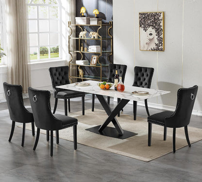 70in Faux Marble Dining Table for 6-8 Person, Modern White Kitchen Dining Room Table with Black X-Shape Carton Steel Pedestal Base, Large Rectangle Dinner Table for Kitchen Dining Room
