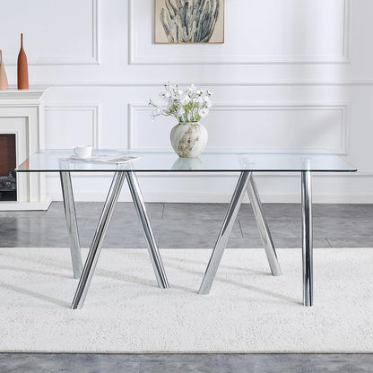 Glass Dining Table for 4 6 8 Pepole,71 Inch Rectangle Kitchen Dining Room Table with 0.39" Thick Tempered Glass Tabletop & Metal Legs, Modern Glass Top Silver Dinner Table for Dining Room