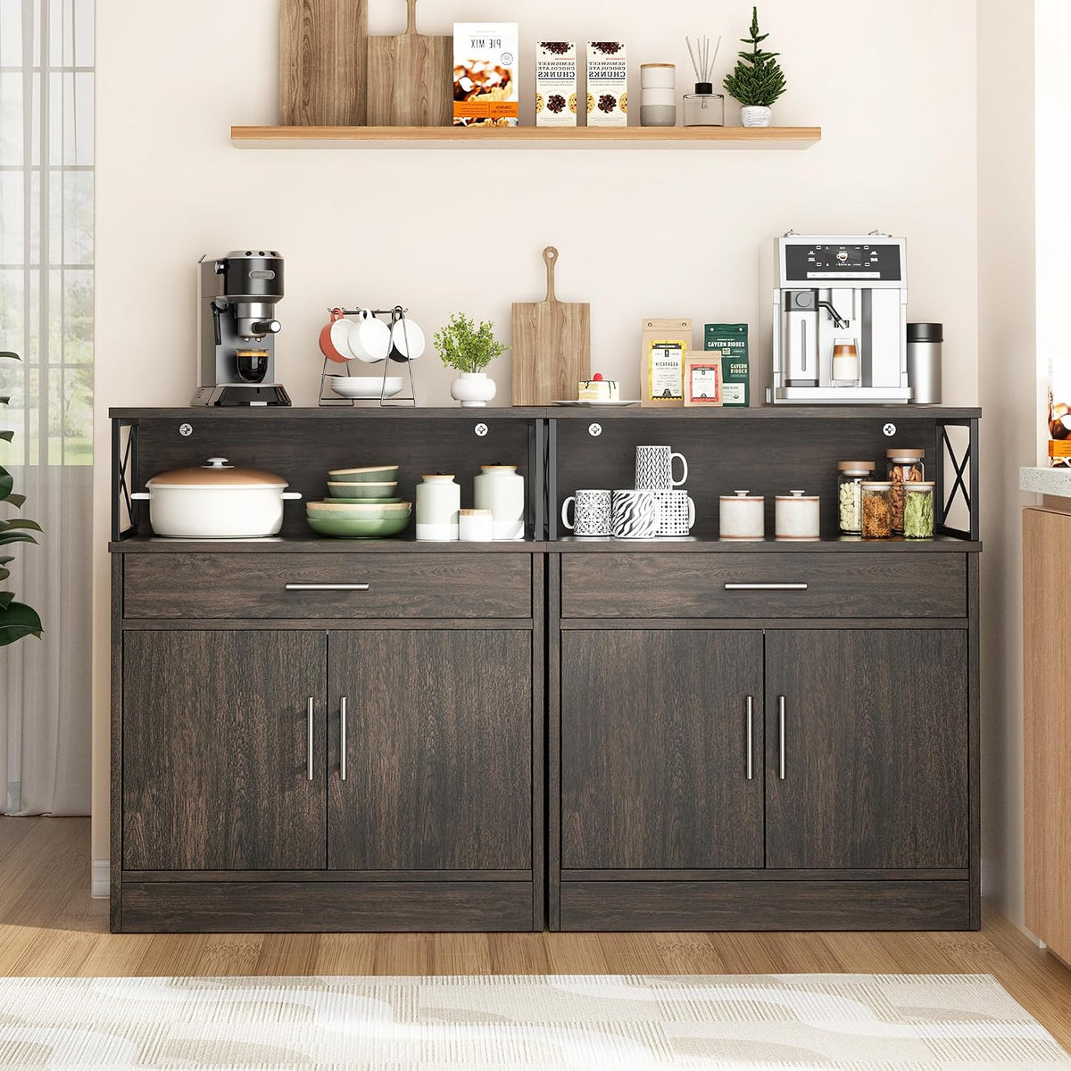 Shintenchi Kitchen Storage Cabinet with Adjustable Shelves and Drawers, Modern Buffet Sideboard, Wood Buffet Cabinet with Doors, Floor Cabinet Cupboard for Coffee Bar Living Room, Dark Brown