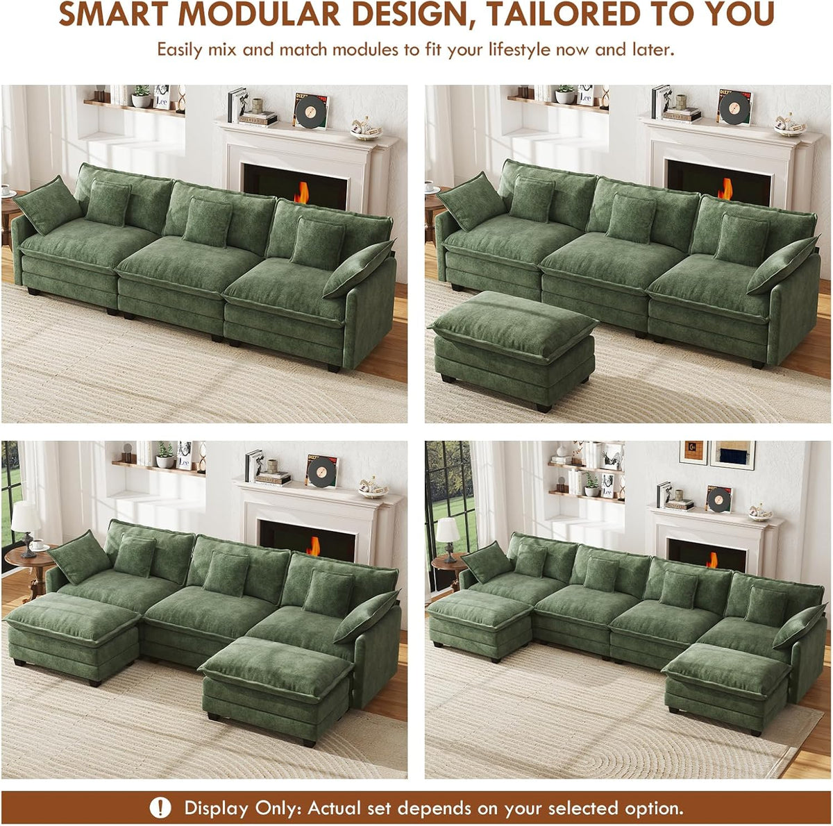 WorthFurni 111.4" Modular Sectional Sofa, U Shape Cloud Couch with 2 Movable Ottoman, Comfy Chenille Deep Seat Sofa with Soft Pillows for Living Room Bedroom Apartment (Green)