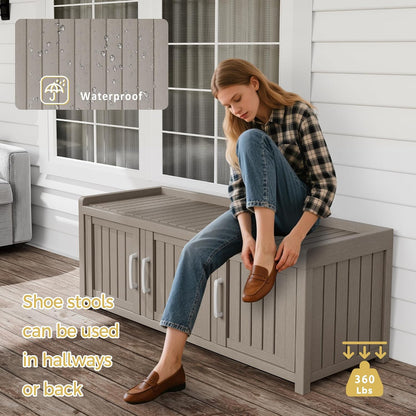Shoe Bench - Waterproof Resin Storage Bench with Adjustable Shelves - Indoor & Outdoor Use, 3 Doors Entryway Bench with Hidden Storage Space - Storage Cabinet for Bedroom, Hallway, Grey