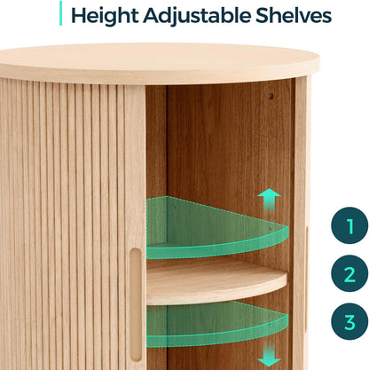 LINSY HOME Round Fluted End Table, Tall Side Table with Sliding Tambour Door and Storage Shelf, Modern Bedside Table, Mid-Century Nightstand for Living Room, Bedroom, Oak