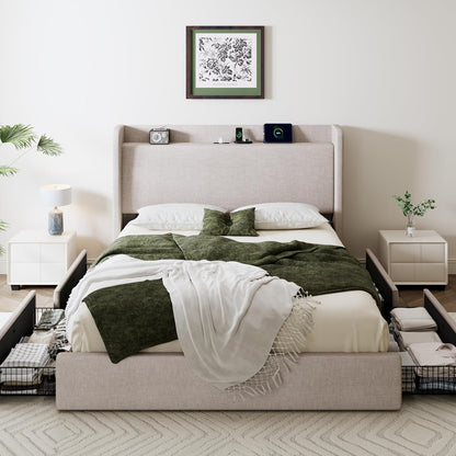 SHA CERLIN Queen Size Storage Bed Frame with 4 Oversized Drawers, Modern Wingback Headboard with Storage Shelf & Charging Station, No Box Spring Needed, Easy Assembly, Beige