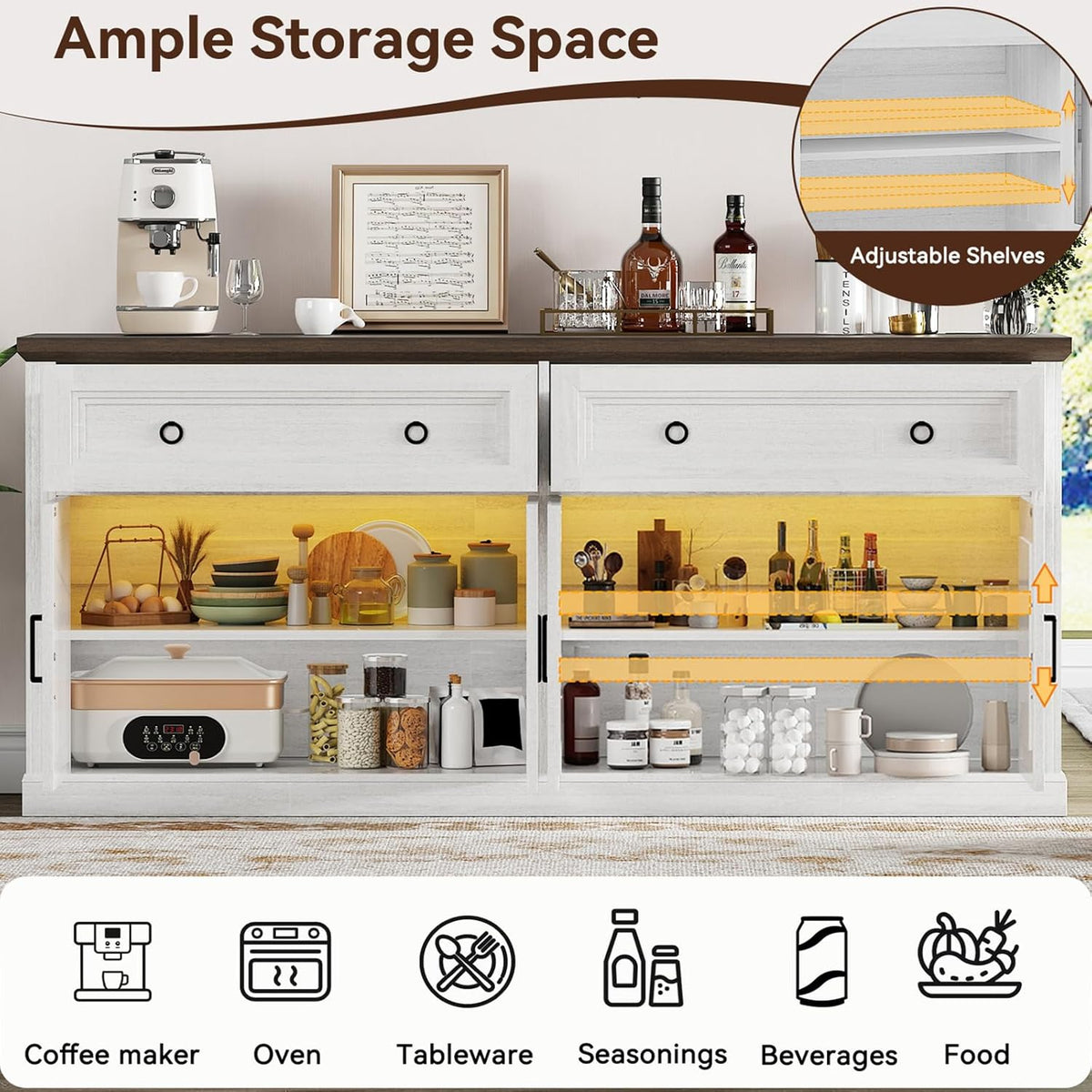 63'' Sideboard Buffet Cabinet with Storage, Modern Credenza with Outlets & LED Light, 2 Drawers, 4 Doors, Adjustable Shelves, Coffee Bar Cabinet for Kitchen Living Room, Antique White