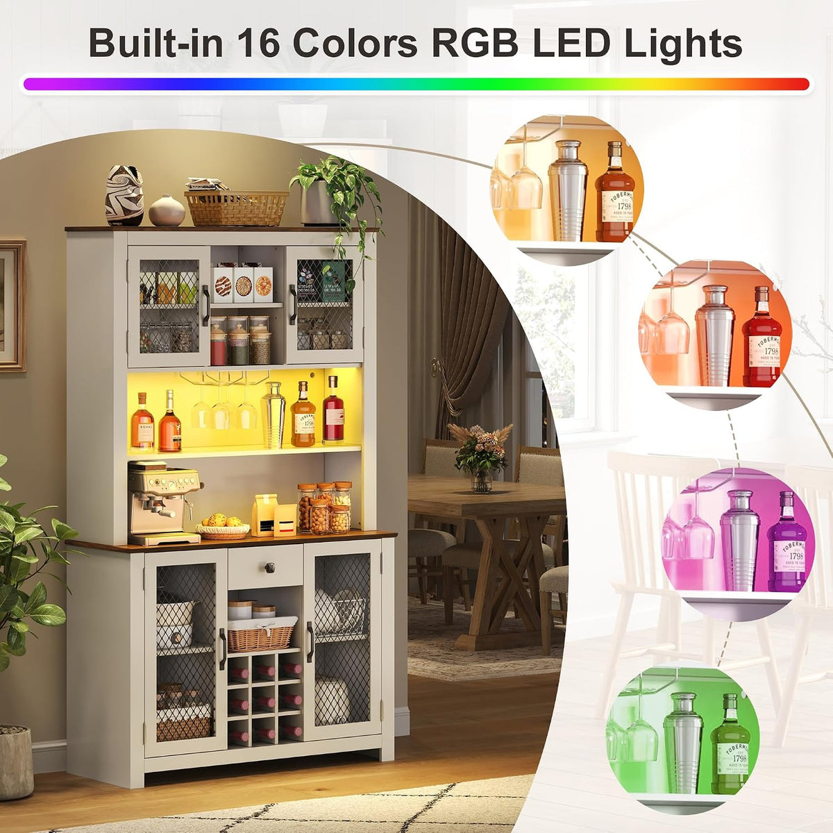 SOFTSEA Kitchen Pantry Cabinet with Built-in Power & USB Outlets, Kitchen Storage Cupboard with Doors, Wine Rack and Shelves, Rustic Buffet Cabinet with LED Light, 47.1x11.8x70.9 Inch, White