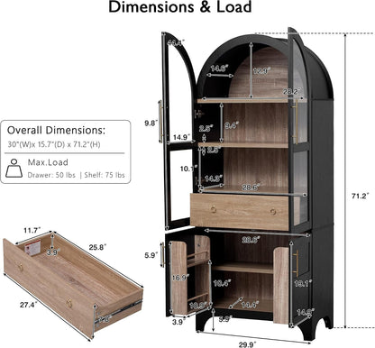 71" Tall Arched Kitchen Pantry Cabinet, Freestanding Kitchens Storage Cabinets with Hidden Drawers, Adjustable Shelves, & Glass Doors, Versatile Cupboard for Kitchen, Dining Room, Bathroom,Black