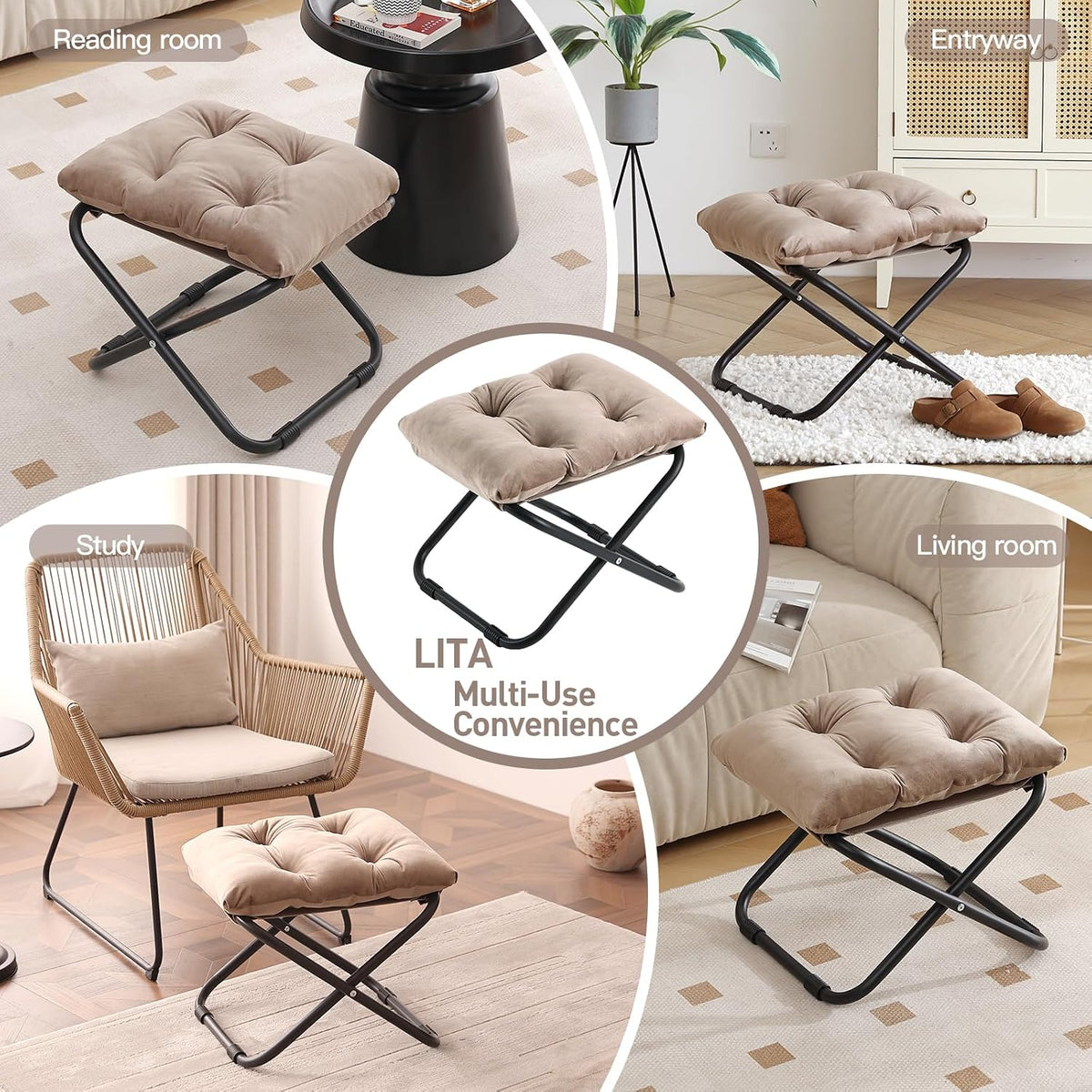 LITA Folding Footrest Stool, Portable Ottoman Foot Rest, Upholstered Small Foldable Ottoman Stool with Detachable Thick Cotton Cushion Padded Sofa Stool for Living Room, Bedroom, Khaki