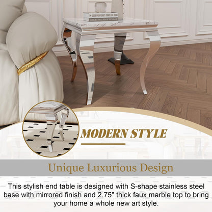 Square Faux Marble End Table, Modern Elegant Side Table with Stainless Steel Legs and Silver Mirrored Finish, Luxury End Table for Living Room, Bedroom, Office