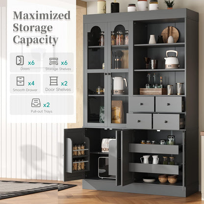 Freestanding Kitchen Pantry Cabinet with Drawers, Shelves, Gray | Freestanding tall buffet with 4 drawers, door shelves, pull-out trays, 47.2x15.7x75 inches, gray finish, for dining room