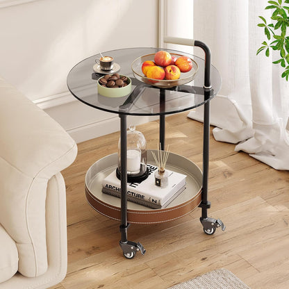 Sofa Side Table, 2-Tier Metal Frame Glass Top End Table on Wheels, Round Beside Tables with Storage Basket and Handle, Space Saving & Easy Assmable