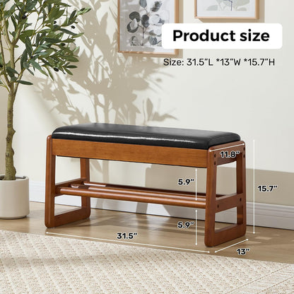 31.5" Shoe Rack Bench,2 Tiers Shoe Bench with Storage,Walnut Storage Bench with Faux Leather Cushion for Entrance Entryway Hallway PU Black