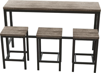 Merax Modern Design 4-Piece Counter Height Extra Long Dining Table Set with 3 Stools and Side Table with Footrest,Space-Saving Pub Kitchen Set,Easy Assembly,Brown Gray
