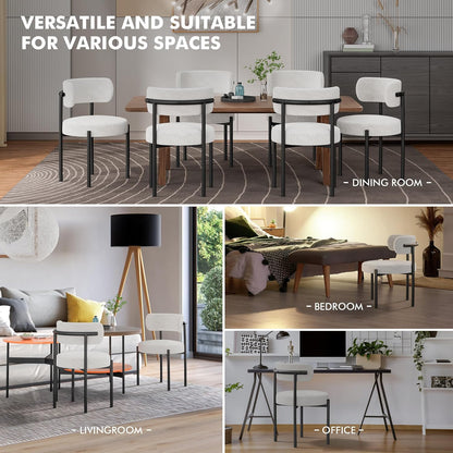 PatioPerk Boucle Dining Chairs Set of 6, White Mid Century Morden Chair with Curved Backrest, Round Upholstered Sherpa with Metal Legs, Suitable for Various Kitchen Styles