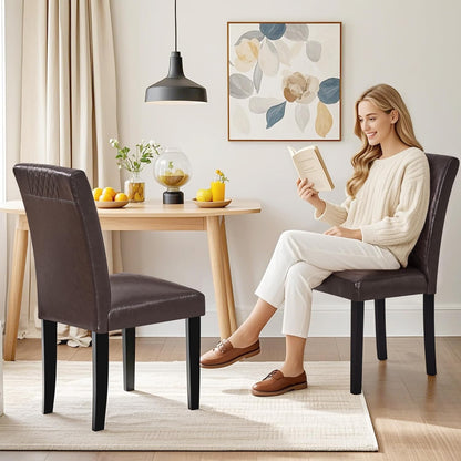 VECELO Dining Chairs Set of 2, Upholstered PU Leather Wood Legs High Back for Kitchen Living Room, Coffee
