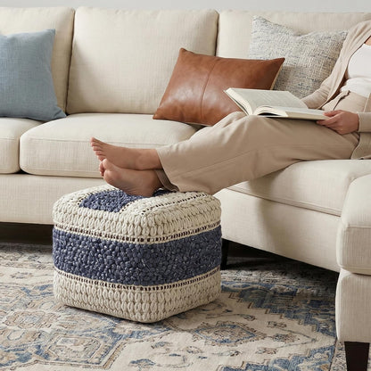 SIMPLIHOME Grady 18" Wide Square Pouf in Blue/Natural Wool and Cotton | Contemporary footstool, extra seating for living room with polystyrene bead filling, assembled; floor cushion or accent seat.