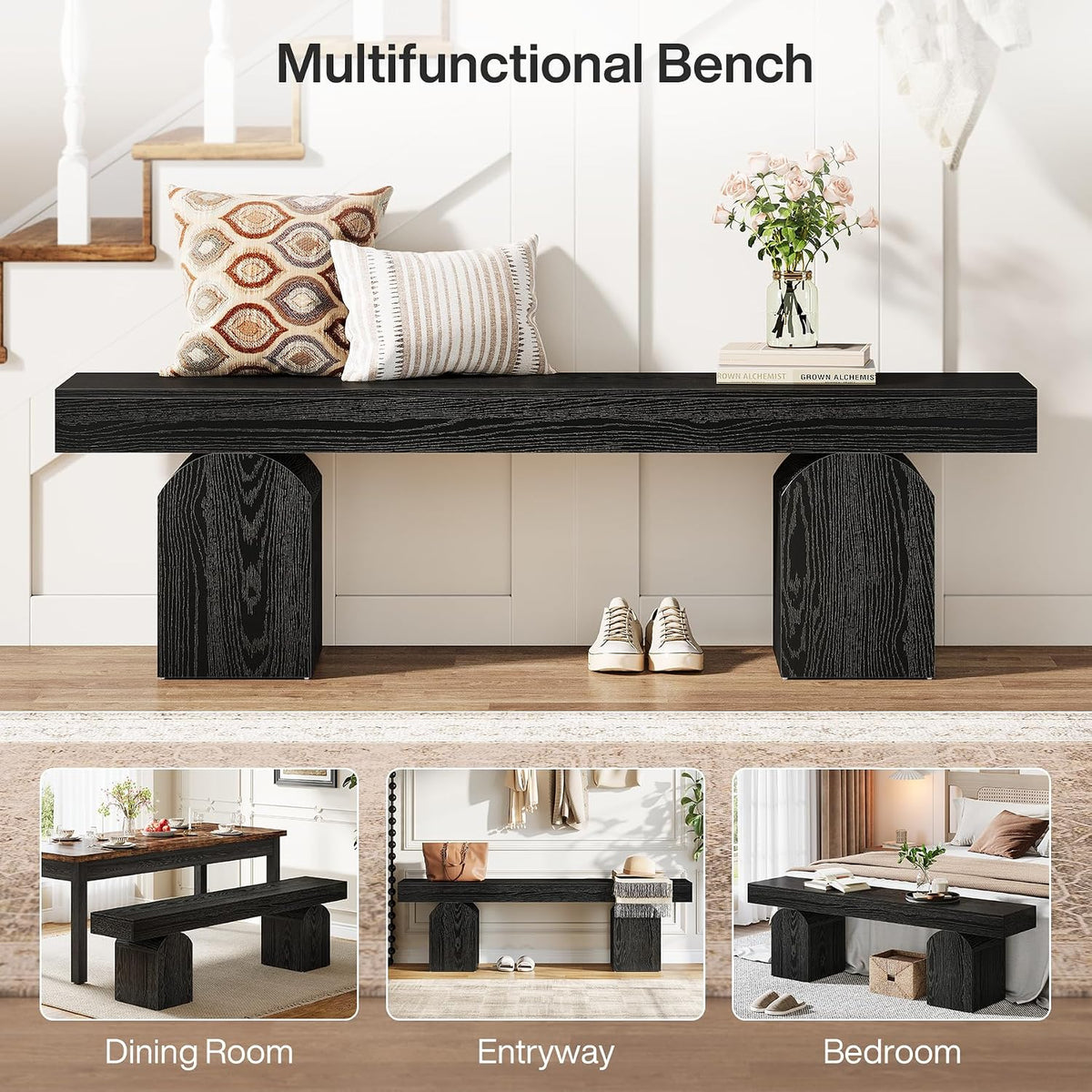 Tribesigns Entryway Bench, 59" Long Black Shoe Bench with Arched Bases, Wooden Indoor Bench for Entry Way, Living Room, Bedroom