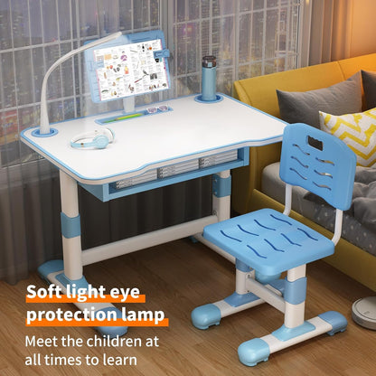 2Pcs Kids Desk and Chair Set,Height Adjustable Children's Writing Desk Set with 40-Degree Tilt-able Reading Stand LED Table Light,Bookstand,Drawer,Ergonomic Table Chair Set Blue