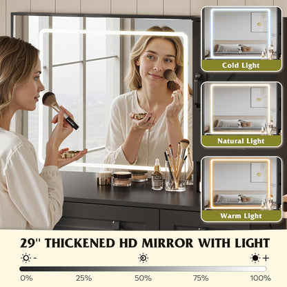 WLIVE Farmhouse Vanity Desk with LED Mirror & Stool, Black | Charging station (2AC+2USB), 3CCT lighted mirror, Sturdy FSC wood (165lbs), Hair dryer holder, W/ stool