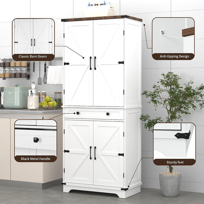 71" Tall Kitchen Pantry Storage Cabinet with Drawer & 4 Barn Doors, Freestanding Storage Cupboard with Adjustable Shelves, Large Capacity Floor Cabinet for Kitchen, Dining Room, Bathroom, White