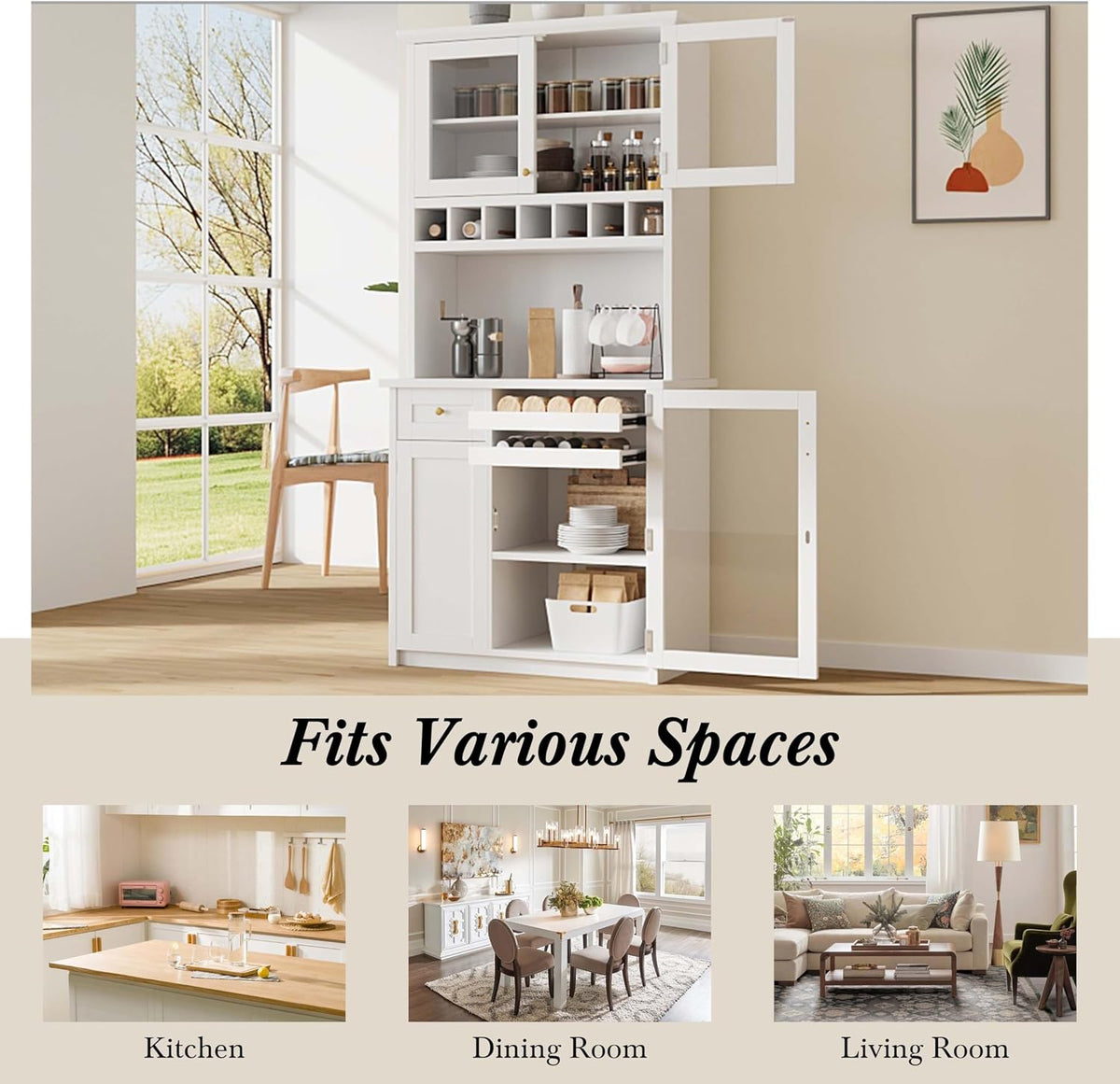35” Wide Kitchen Hutch with Countertop, Farmhouse Pantry Cabinet with Microwave Shelf | Glass Doors | Wine Rack | Bottle Trays | Drawer, Wooden Structure (White)
