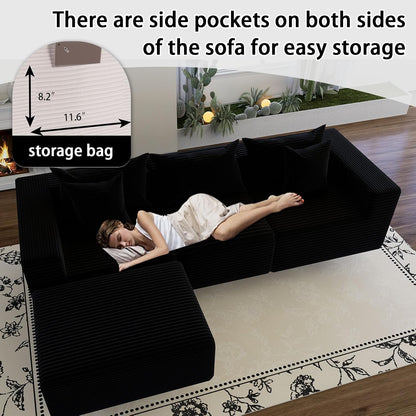 Oversized Cloud Couch Ottoman, Frameless Wide-Wale Corduroy Footrest for Living Room, High-Density All-Foam Large Rectangle Ottoman Coffee Table for Sectional Sofa (Black, Ottoman)