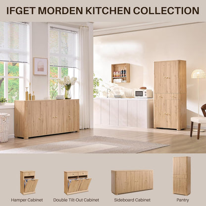 IFGET Curved Buffet Cabinet with Doors, 66" Large Sideboard Buffet Storage Cabinet with 4 Doors and Shleves, Modern Coffee Bar Station Wood Kitchen Table for Kitchen, Dining Room, Natural