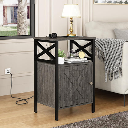 End Table Set of 2 with Charging Station, Side Table with Power Outlet & USB Ports, Nightstand with 2 Tiers Storage Space and Storage Cabinet, Sofa Side Tables for Bedroom, Living Room,Office, Grey