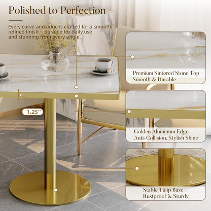 31.5'' Square Modern Dinning Table with Sintered Stone Tabletop, Golden Edge & Pedestal Base, Bistro Tulip Table for 2-4 Person for Dining Room/Cafe/Small Spaces/Restaurant (Crystal Onyx)