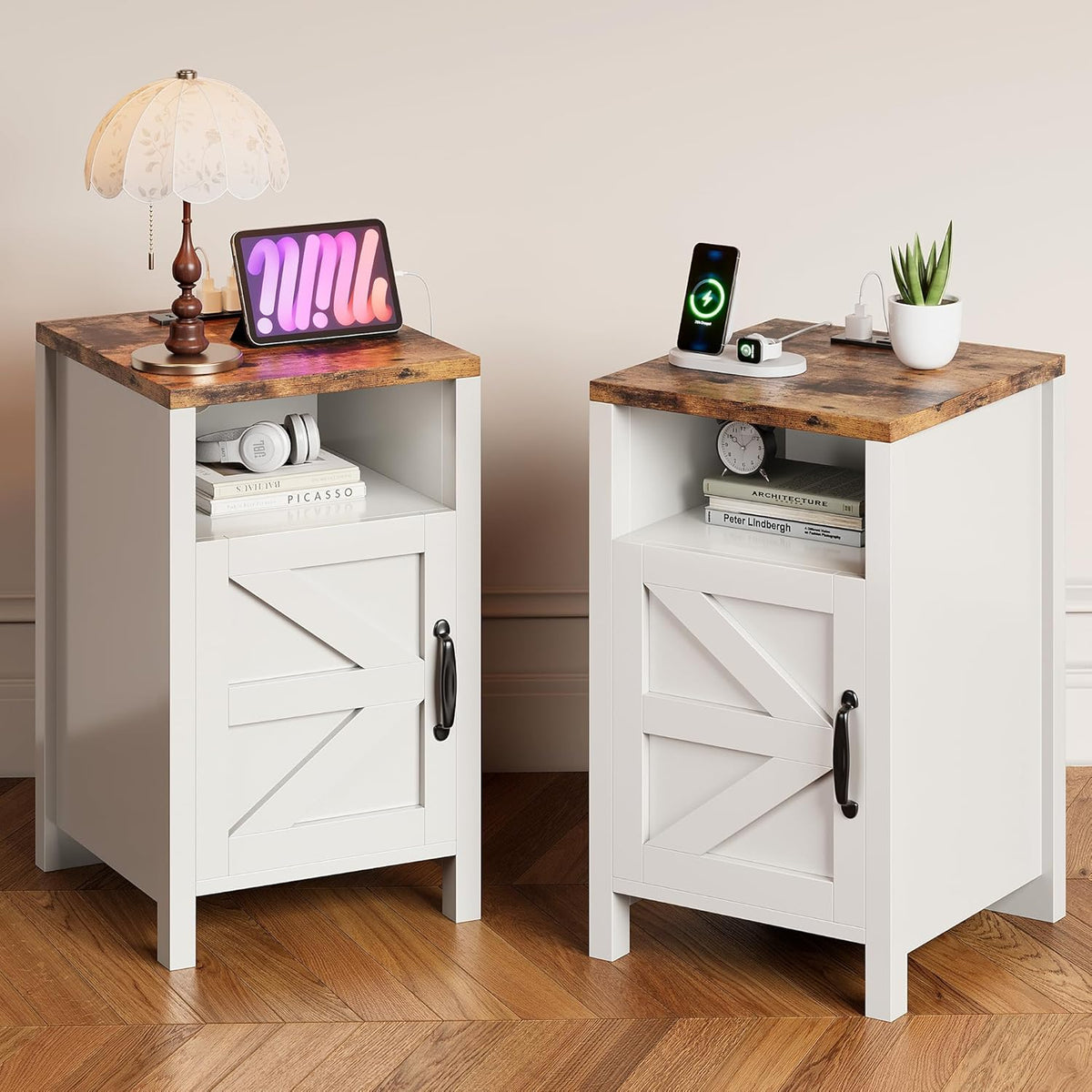 MXV Farmhouse Nightstands with Charging Station, End Tables Set of 2 with Barn Door, Sofa Side Table with Storage Space for Bedroom, Living Room (White)