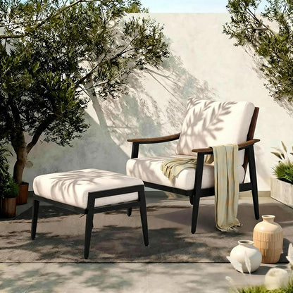 NATURAL EXPRESSIONS Patio Outdoor Chair with Ottoman, Wicker Backrest | 1 Matched Ottoman, Adjustable Feet, Natural Wood-garin Texture Arm, 6" Removable Cushion, Patio Sofa for Porch, Deck, Balcony