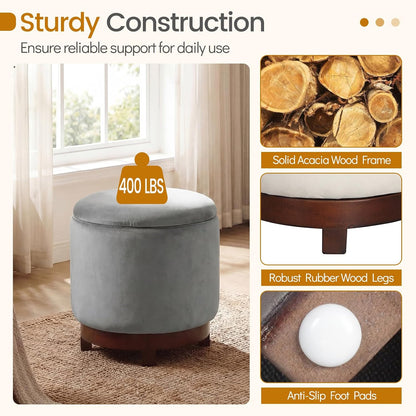 Giantex Round Ottoman with Storage, 360° Swivel Velvet Vanity Stool with Removable Lid, Wood Frame & Legs, Ottoman Foot Rest for Living Room, Bedroom, Makeup Room No Assembly (Gray & Walnut)