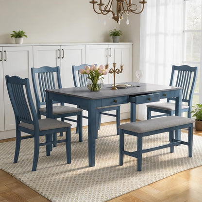 LUMISOL 6-Piece Dining Table Set with Bench, Farmhouse Solid Wood Kitchen Table Set with Bench, 4 Upholstered Chairs & Storage Drawers for Kitchen, Dining Room, Living Room, Antique Blue