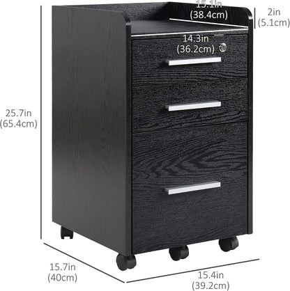 HOMCOM 3 Drawer File Cabinet Office Storage Lock, Wheels, Letter/A4, Black | Edged Top, Small Office Storage