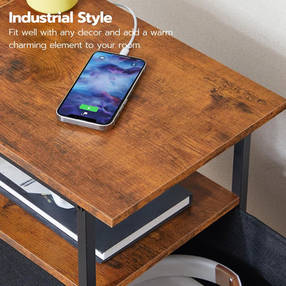 HOOBRO End Table with Charging Station, Narrow Side Table, Nightstand with 2 Non-Woven Drawers, Slim Sofa Side Table, for Small Spaces, Living Room, Bedroom, Rustic Brown and Black BF486UBZ01