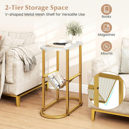Giantex Oval Narrow Side Table, Small End Table with Magazine Rack Sling Holder Pouch, Modern Slim Nightstand, Bedside Tables for Living Room Bedroom Couch Small Spaces, White & Gold