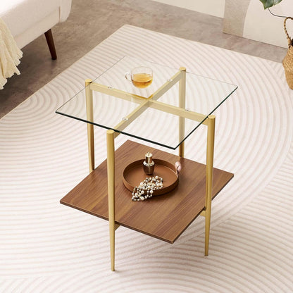 LumFurn Glass End Table, Mid-Century Modern Design Sofa Table, for Living Room, 2-Tier Structure, Clear Glass Top and Walnut MDF Shelf, Sleek Conical Metal Legs with Gold Finish Frame