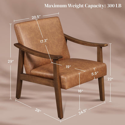 Yaheetech Accent Chairs Set of 2, Mid-Century Faux Leather Armchairs Brown | Cushioned Club Chairs with Supportive Sloped Backrests and Sturdy Wood Arms Fit Small Living Rooms, Offices, Reading Nook