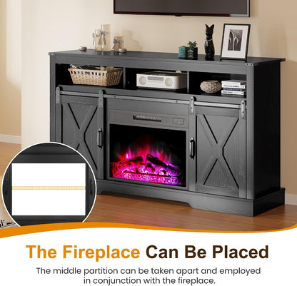 RoyalCraft Farmhouse TV Stand for 23" Fireplace, 34'' Tall Entertainment Center for 65+ Inch TV, 34" Tall Rustic TV Console with Sliding Bar Door for Living Room Black